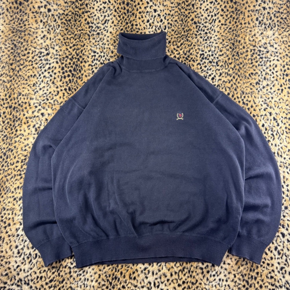 Vintage Tommy Hilfiger Navy Blue Turtleneck Sweater XL Crest Logo 90s Cotton